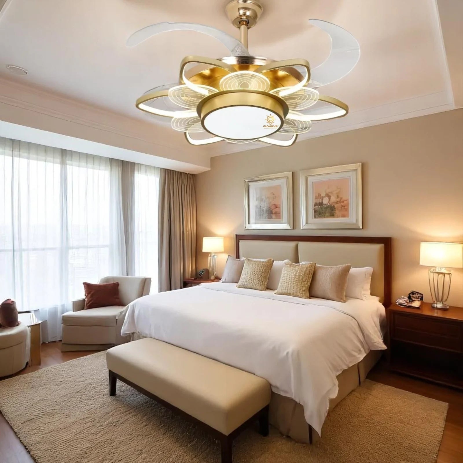 8 Leaves Flower Shape Chandelier Fan 42 Inch - Gold